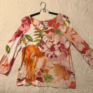 CHICO’S size 1 flower top 3/4 sleeves with bling